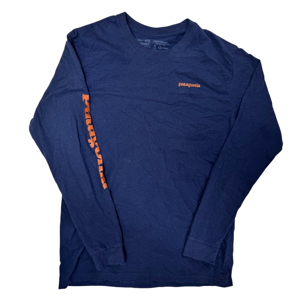 Patagonia Mens Long Sleeve Text Logo Responsibili-Tee Navy Blue Size M